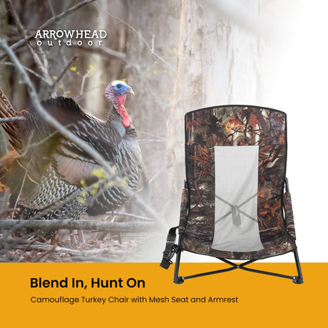 Arrowhead Outdoor Low-Profile Portable Folding Turkey Hunting Blind Chair with Padded Armrests, Mesh Seat, No-Sink Feet, and Carrying Bag