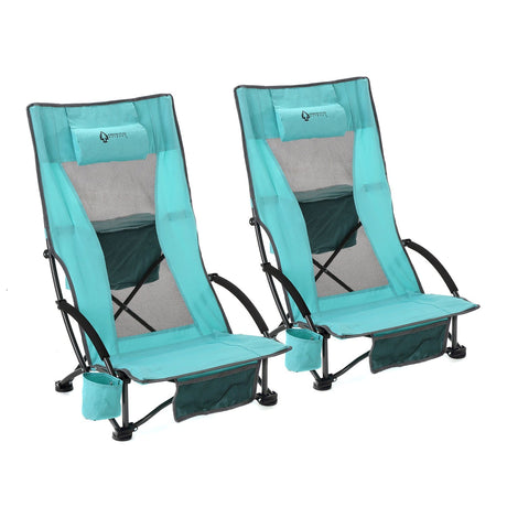 Arrowhead Outdoor Portable Reclinable Low-Profile Folding Beach Chair with Padded Headrest, Cup-Holder, and Carry Bag, Aqua Blue, 2 Pack
