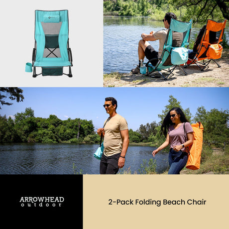 Arrowhead Outdoor Portable Reclinable Low-Profile Folding Beach Chair with Padded Headrest, Cup-Holder, and Carry Bag, Aqua Blue, 2 Pack