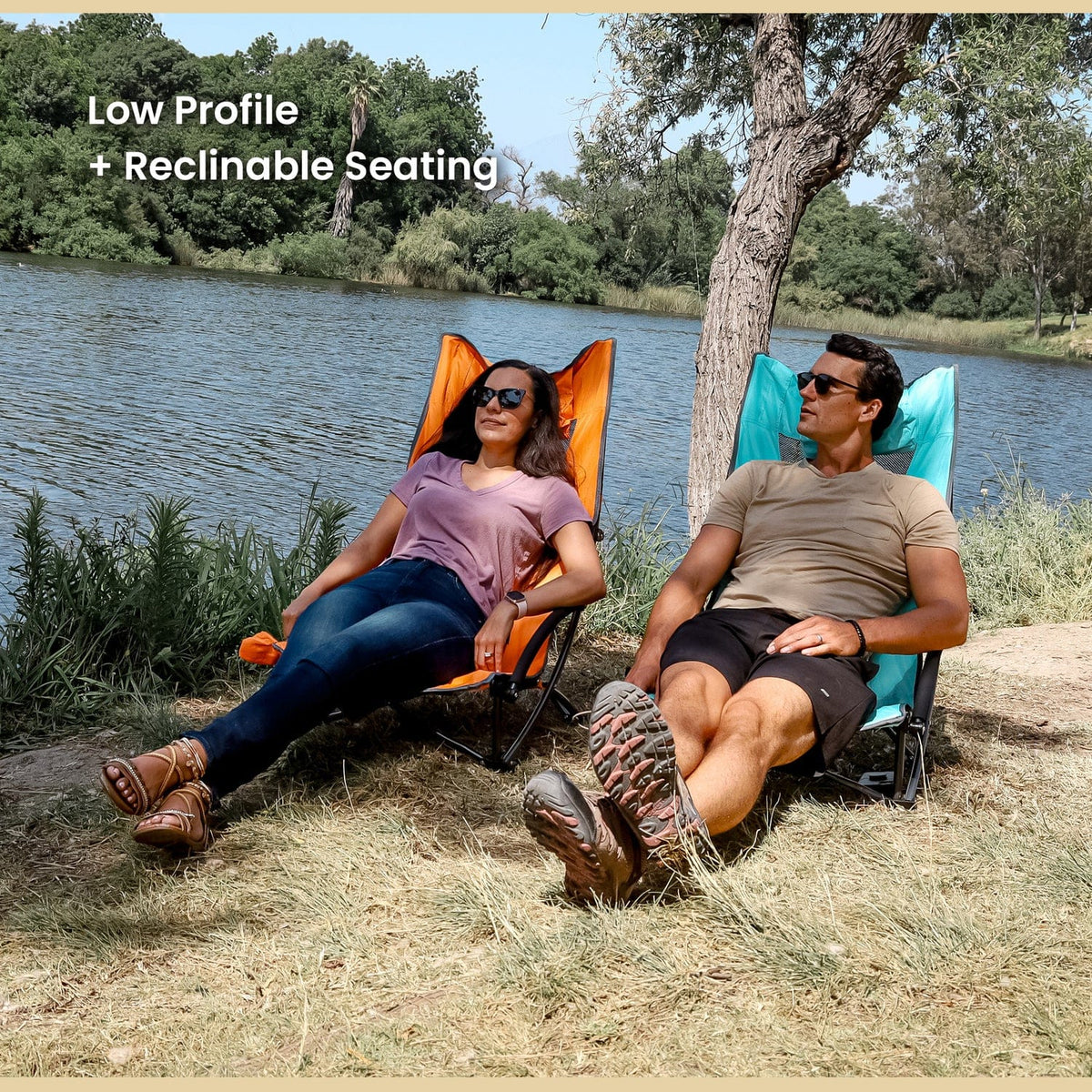 Arrowhead Outdoor Portable Reclinable Low-Profile Folding Beach Chair with Padded Headrest, Cup-Holder, and Carry Bag, Aqua Blue, 2 Pack