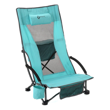 Arrowhead Outdoor Portable Reclinable Low-Profile Folding Beach Chair with Padded Headrest, Cup-Holder, and Carry Bag, Aqua Blue, 2 Pack