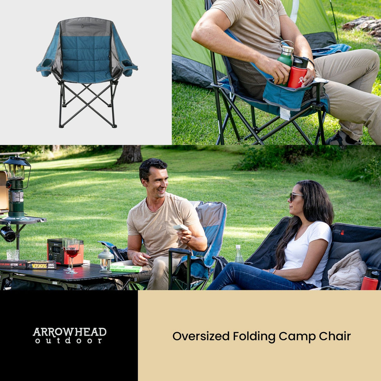 Arrowhead Outdoor Portable Oversized Folding Camp Chair with 2 Cup-Holders, Side Mesh Pockets, and Carry Bag, Blue