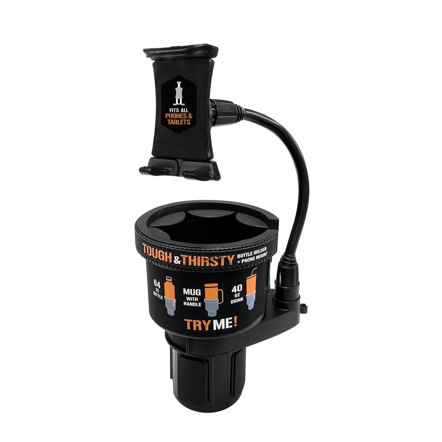 ToughTested Tough and Thirsty Big Mouth Cupholder Mount with Universal Phone, GPS, and Tablet Grip
