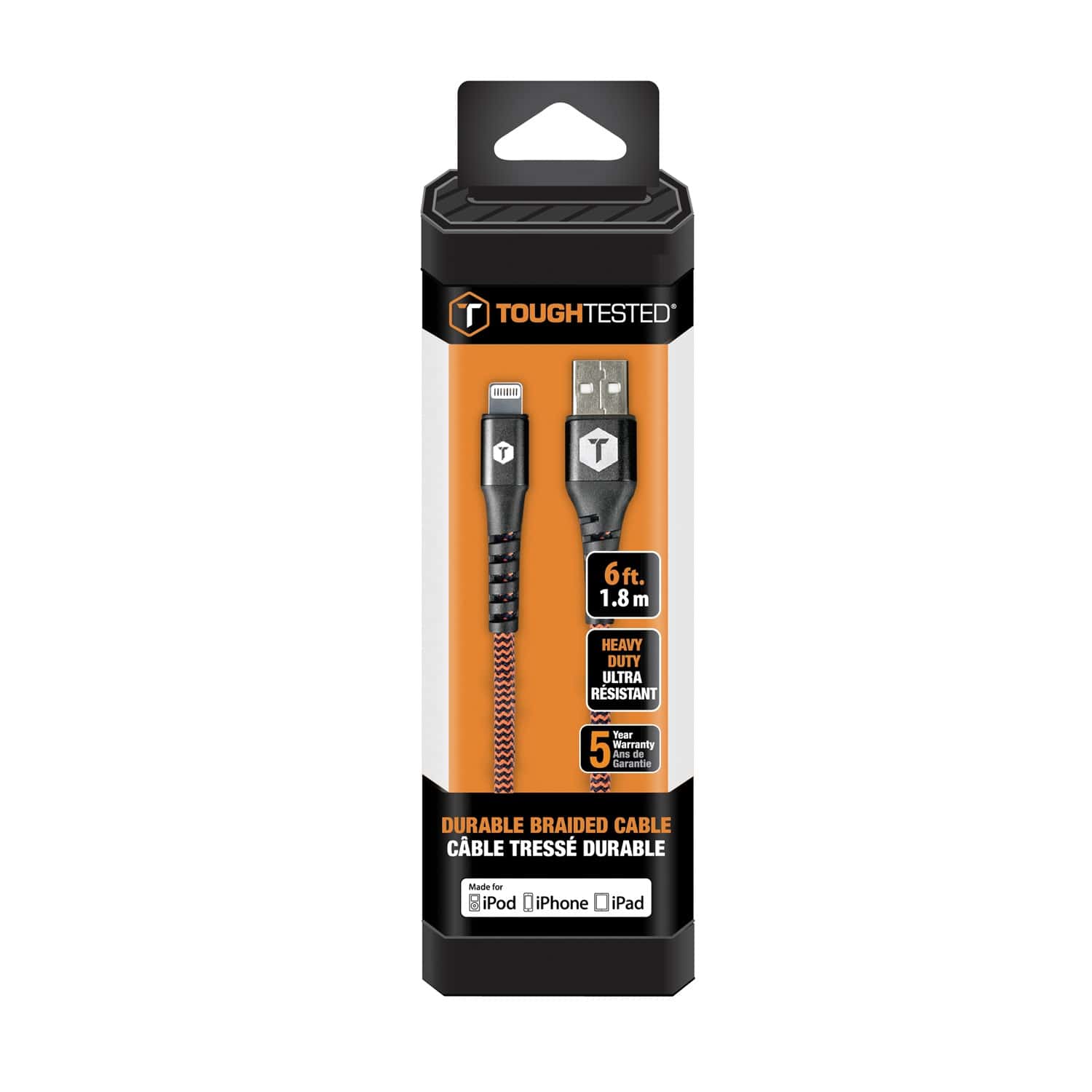 ToughTested Charge and Sync Braided USB Type-A to Lightning Cable, 6 Ft.