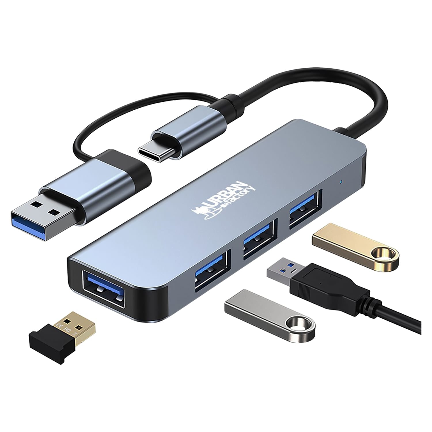 Urban Factory 4-Port MINEE Dual USB-A/USB-C Hub, for Notebooks, Tablets, and Smartphones