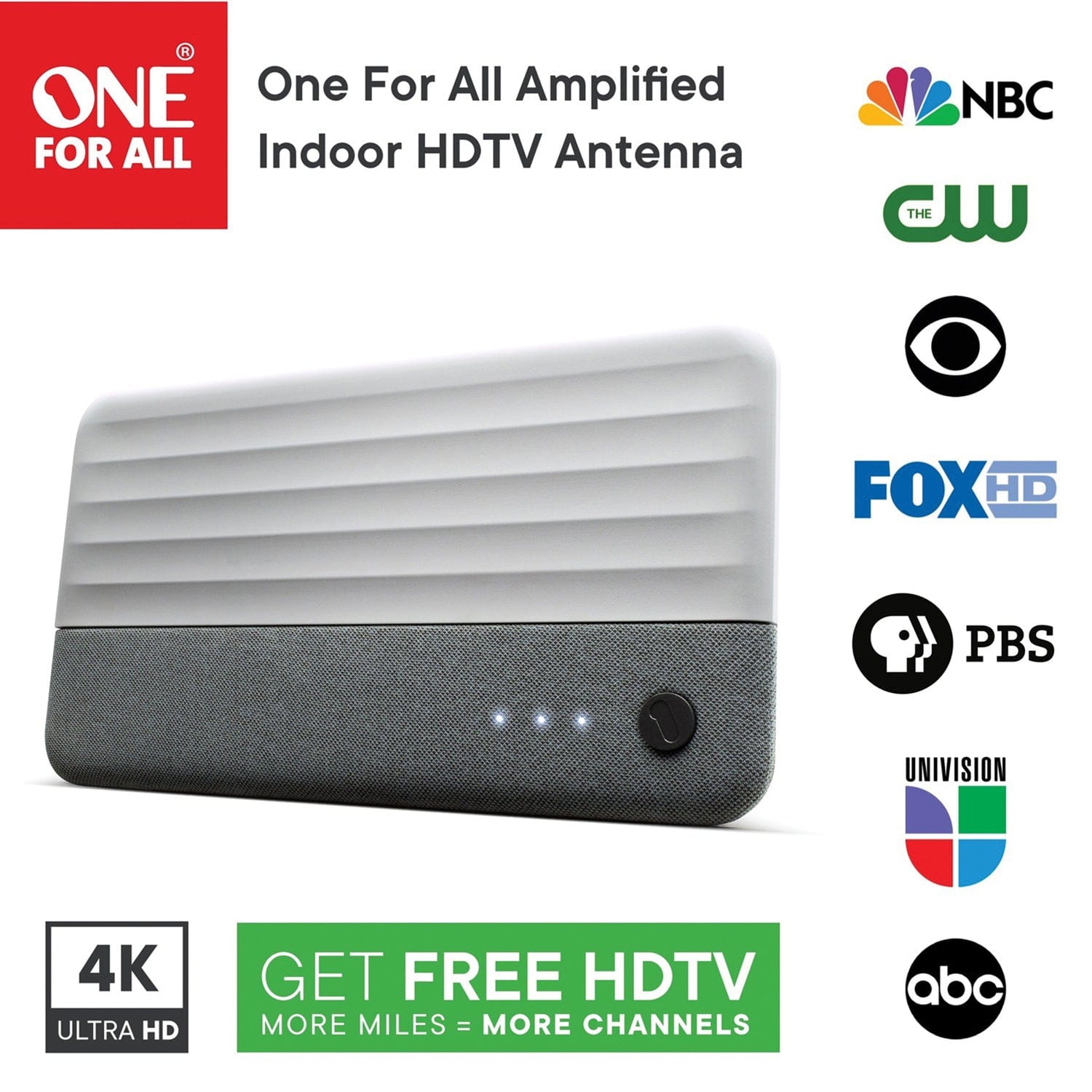 One For All Suburbs A714450 Amplified Multidirectional Indoor TV Antenna, up to 60 Miles, Supports 8K/4K UHD and 1080p with 3G/4G/5G Filter