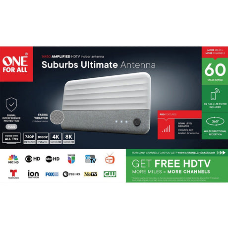 One For All Suburbs A714450 Amplified Multidirectional Indoor TV Antenna, up to 60 Miles, Supports 8K/4K UHD and 1080p with 3G/4G/5G Filter