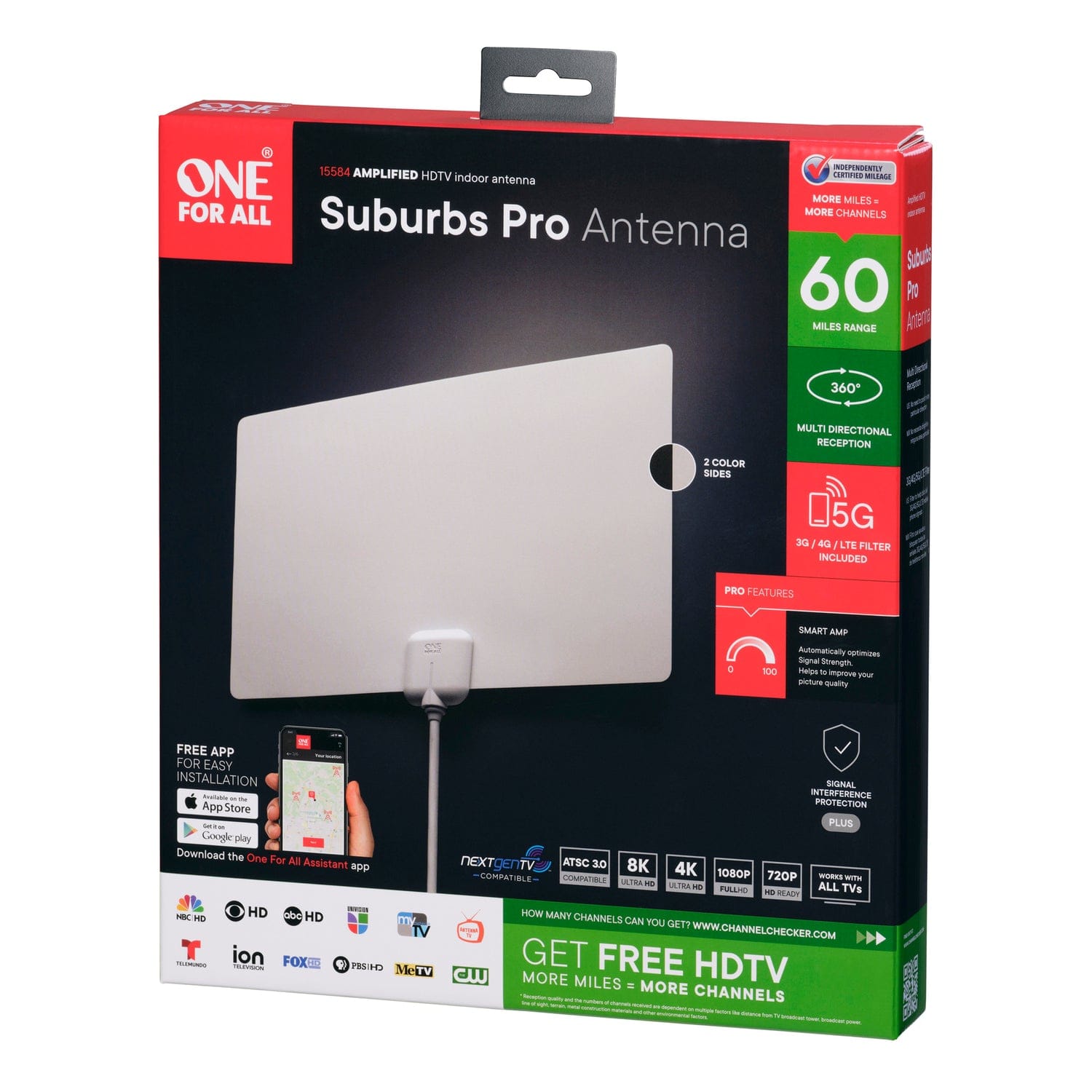 One For All Ultra-Thin Amplified Indoor Flat HDTV Antenna with up to 60-Mile Reception Range, 15584