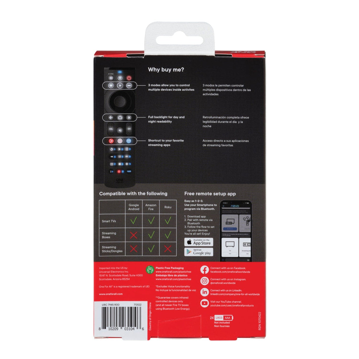 One For All Smart Streamer 5-Device Backlit Universal Remote, Black