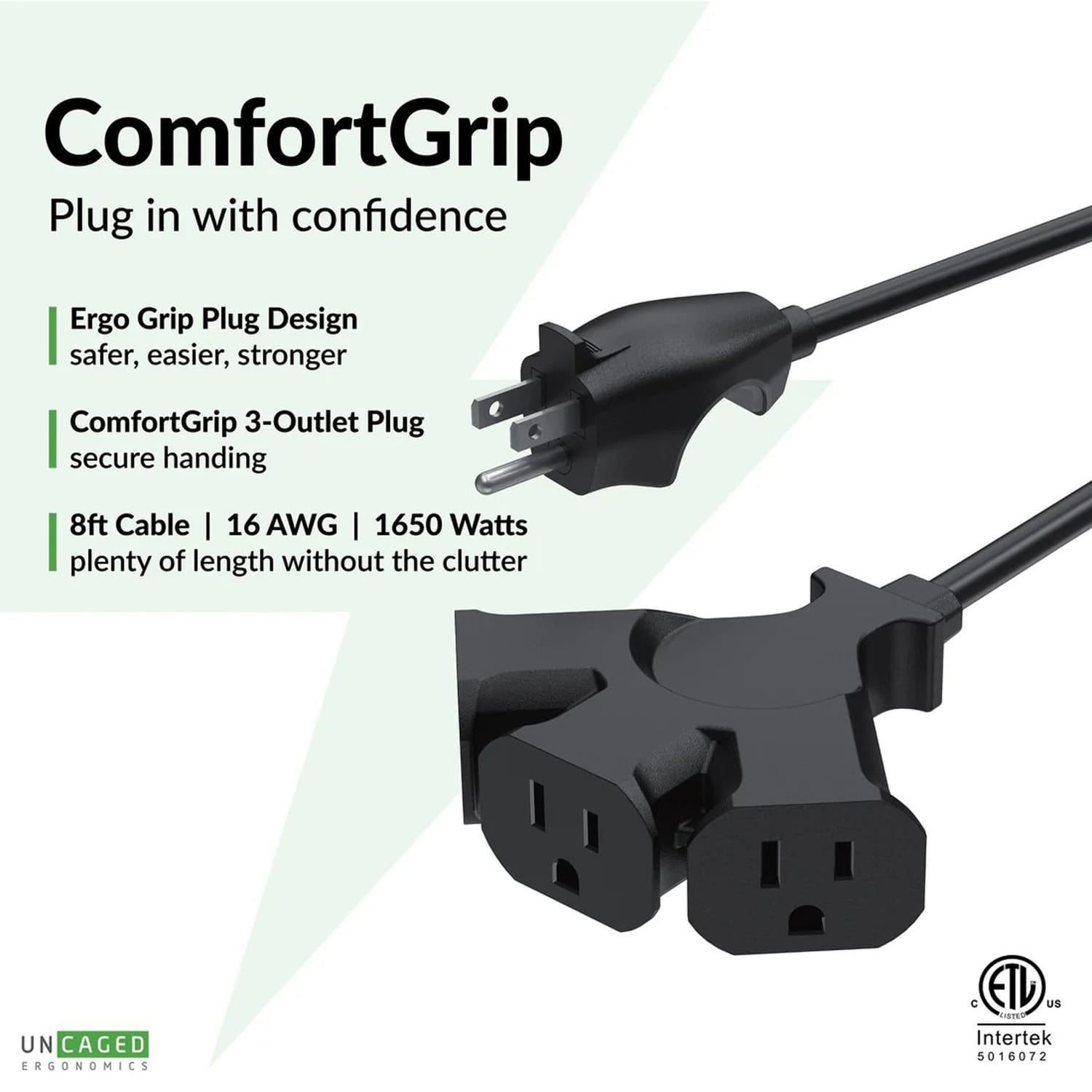 Uncaged Ergonomics Comfort Grip 3-Outlet Grounded Indoor/Outdoor Extension Cord, 8 Ft., Black