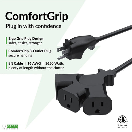Uncaged Ergonomics Comfort Grip 3-Outlet Grounded Indoor/Outdoor Extension Cord, 8 Ft., Black