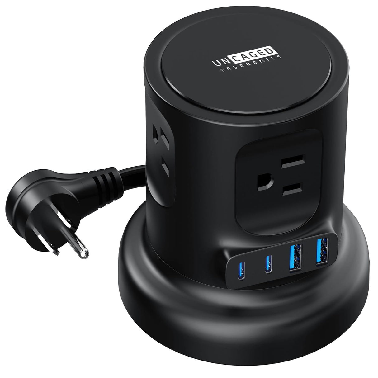 Uncaged Ergonomics 4-AC Outlet and 4-USB Port 320-Joules Retractable Cube Surge Protector Power Cube, 6-Ft. Retractable Cord with Angled Plug, Black