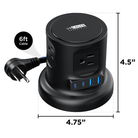 Uncaged Ergonomics 4-AC Outlet and 4-USB Port 320-Joules Retractable Cube Surge Protector Power Cube, 6-Ft. Retractable Cord with Angled Plug, Black