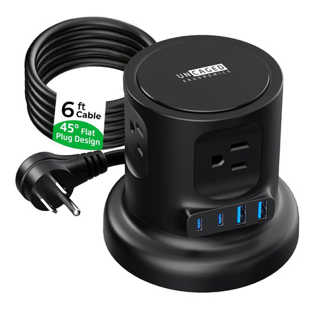 Uncaged Ergonomics 4-AC Outlet and 4-USB Port 320-Joules Retractable Cube Surge Protector Power Cube, 6-Ft. Retractable Cord with Angled Plug, Black