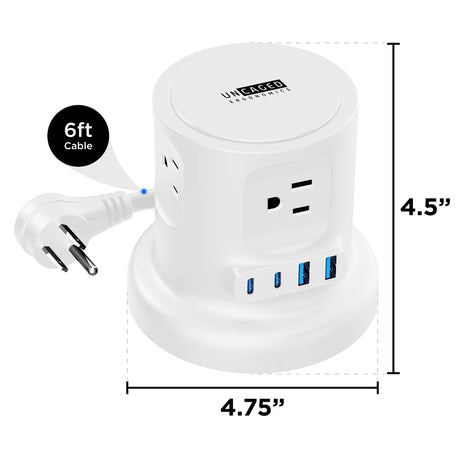 Uncaged Ergonomics 4-AC Outlet and 4-USB Port 320-Joules Retractable Cube Surge Protector Power Cube, 6-Ft. Retractable Cord with Angled Plug, White