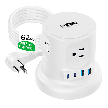 Uncaged Ergonomics 4-AC Outlet and 4-USB Port 320-Joules Retractable Cube Surge Protector Power Cube, 6-Ft. Retractable Cord with Angled Plug, White