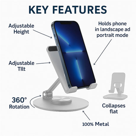 Uncaged Ergonomics 360° Swivel and Multi-Angle Tilt Phone Stand, Silver