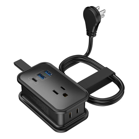 Uncaged Ergonomics Portable Travel Power Strip, 3 AC Outlets, 2 USB-A Ports, and 1 USB-C 20-Watt Fast-Charging Port, 3-Ft. Cord, Black
