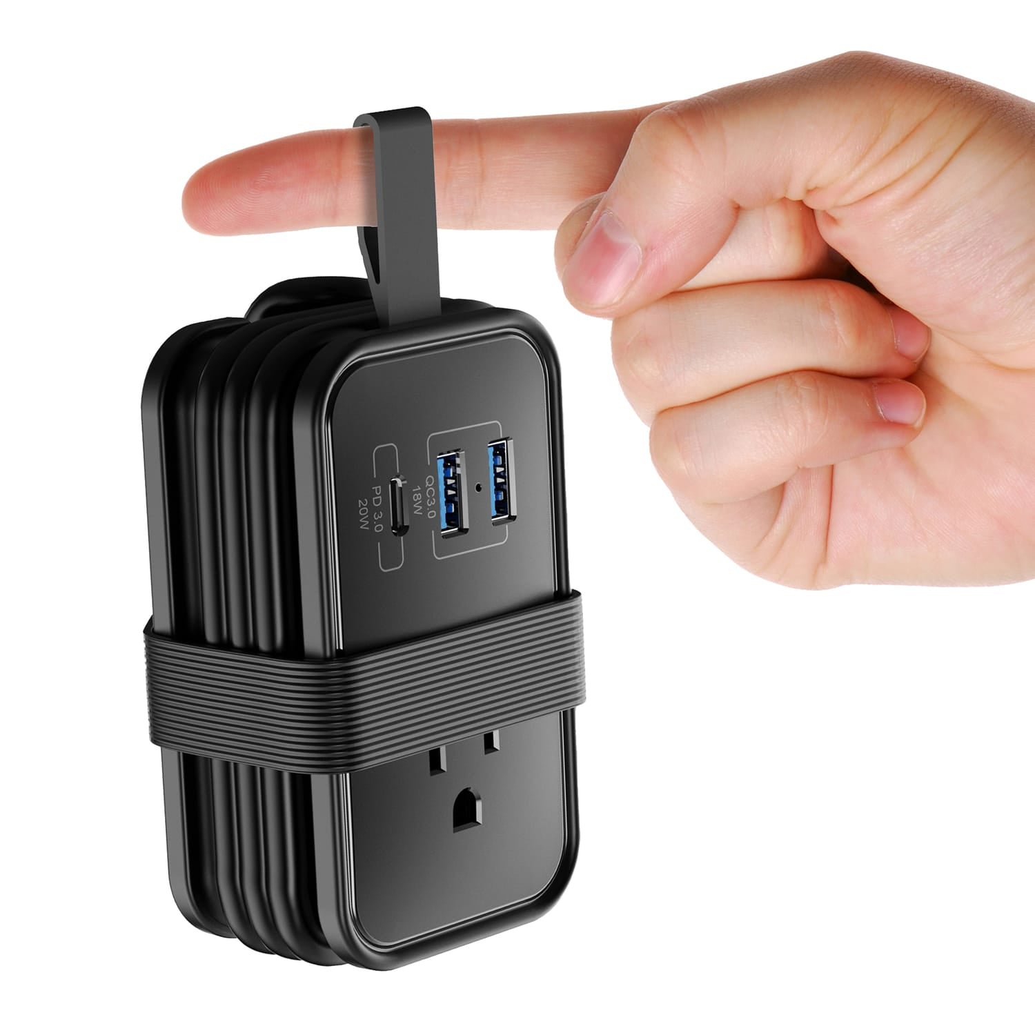 Uncaged Ergonomics Portable Travel Power Strip, 3 AC Outlets, 2 USB-A Ports, and 1 USB-C 20-Watt Fast-Charging Port, 3-Ft. Cord, Black