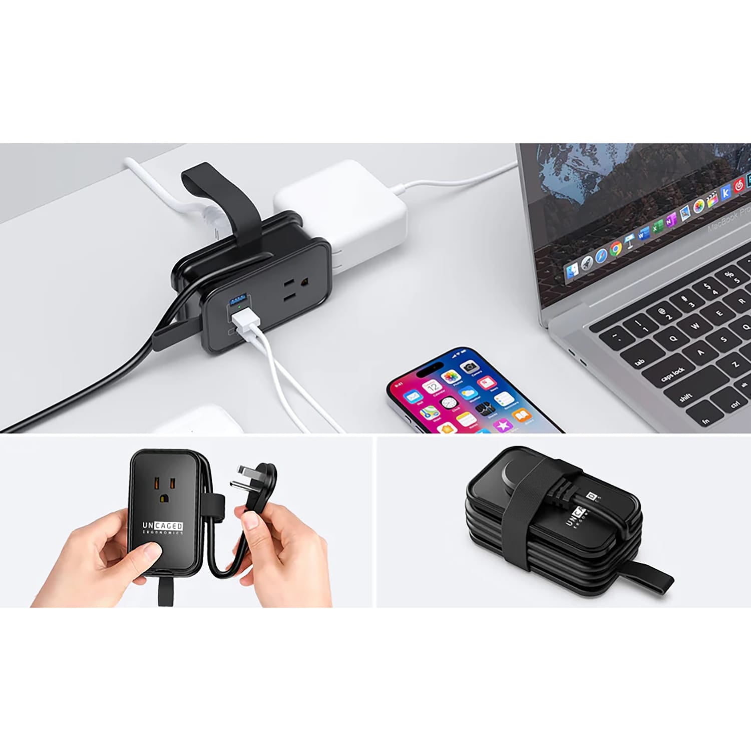 Uncaged Ergonomics Portable Travel Power Strip, 3 AC Outlets, 2 USB-A Ports, and 1 USB-C 20-Watt Fast-Charging Port, 3-Ft. Cord, Black