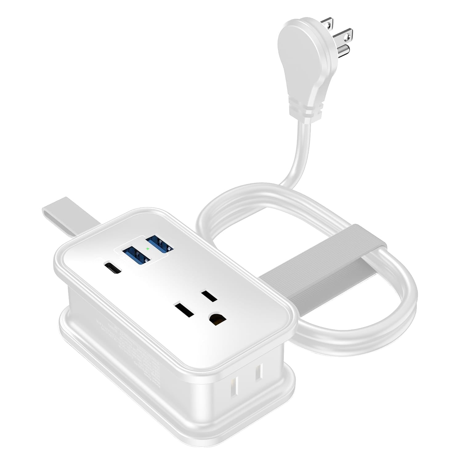 Uncaged Ergonomics Portable Travel Power Strip, 3 AC Outlets, 2 USB-A Ports, and 1 USB-C 20-Watt Fast-Charging Port, 3-Ft. Cord, White