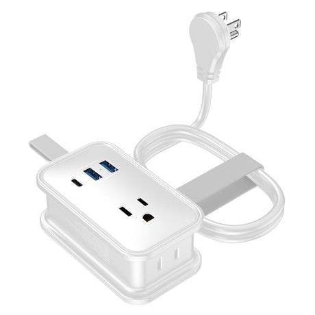 Uncaged Ergonomics Portable Travel Power Strip, 3 AC Outlets, 2 USB-A Ports, and 1 USB-C 20-Watt Fast-Charging Port, 3-Ft. Cord, White