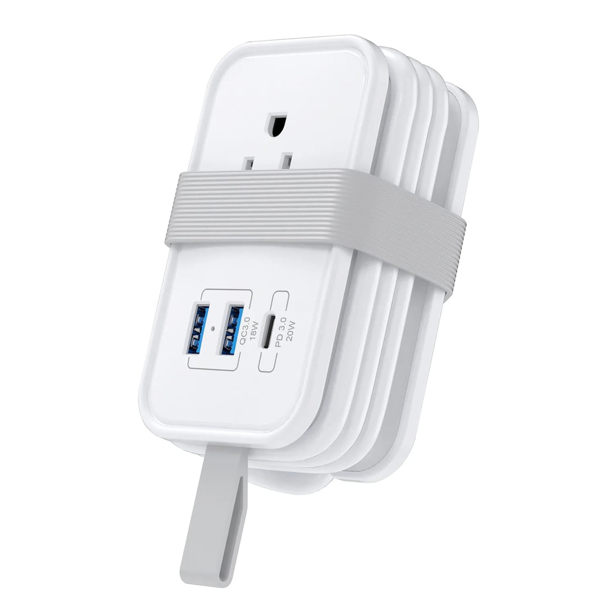 Uncaged Ergonomics Portable Travel Power Strip, 3 AC Outlets, 2 USB-A Ports, and 1 USB-C 20-Watt Fast-Charging Port, 3-Ft. Cord, White