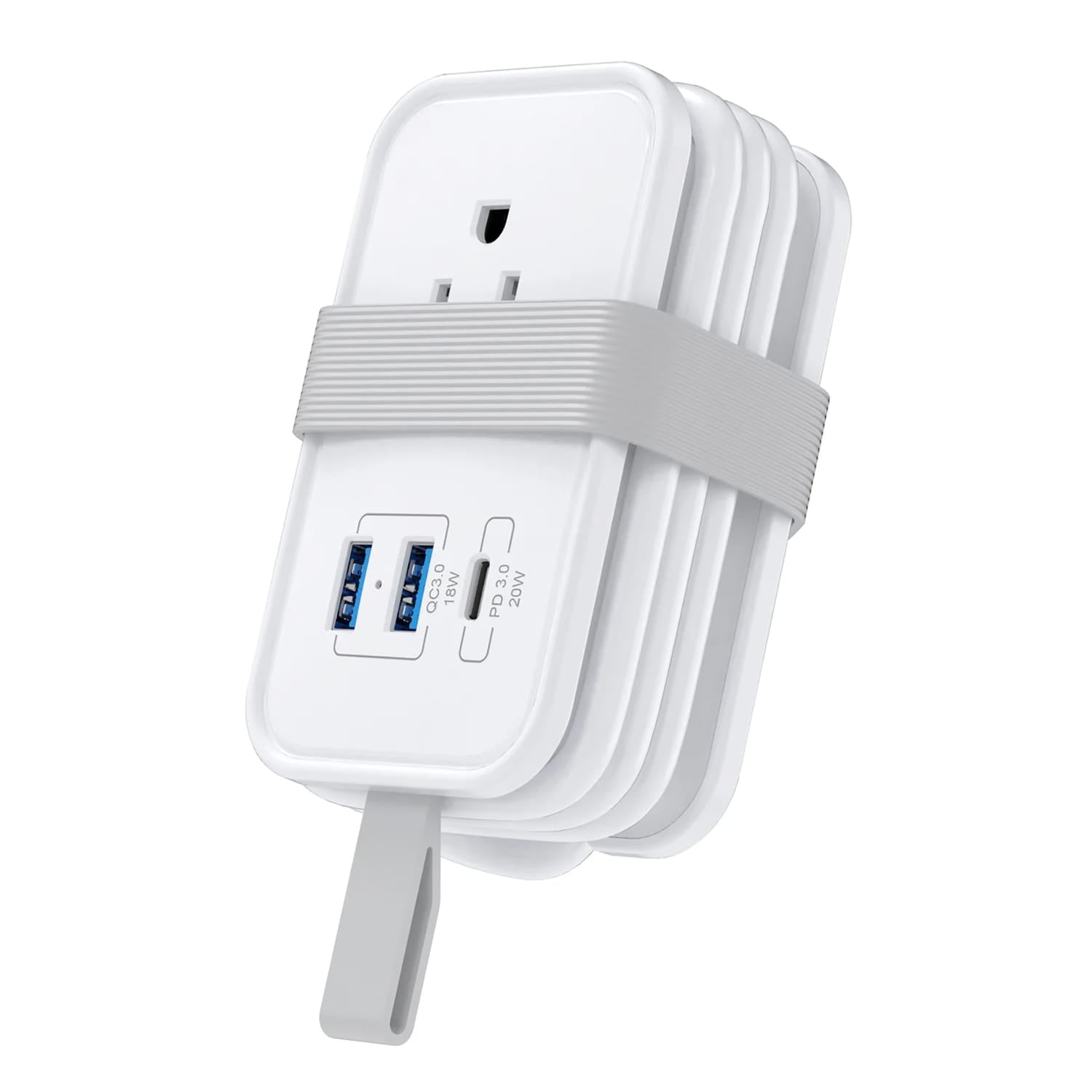 Uncaged Ergonomics Portable Travel Power Strip, 3 AC Outlets, 2 USB-A Ports, and 1 USB-C 20-Watt Fast-Charging Port, 3-Ft. Cord, White
