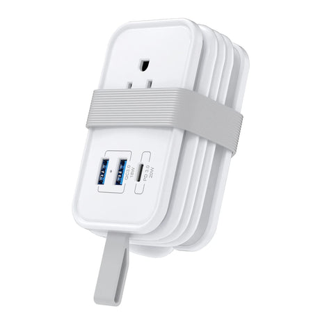 Uncaged Ergonomics Portable Travel Power Strip, 3 AC Outlets, 2 USB-A Ports, and 1 USB-C 20-Watt Fast-Charging Port, 3-Ft. Cord, White