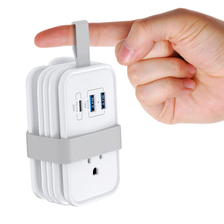 Uncaged Ergonomics Portable Travel Power Strip, 3 AC Outlets, 2 USB-A Ports, and 1 USB-C 20-Watt Fast-Charging Port, 3-Ft. Cord, White