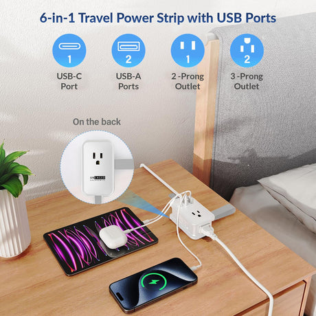 Uncaged Ergonomics Portable Travel Power Strip, 3 AC Outlets, 2 USB-A Ports, and 1 USB-C 20-Watt Fast-Charging Port, 3-Ft. Cord, White