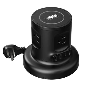 Uncaged Ergonomics 4-AC Outlet, 4-USB Port, Wireless Charging Pad Charger Cube Power Strip with Auto-Retracting 6-Ft. Cord, Black