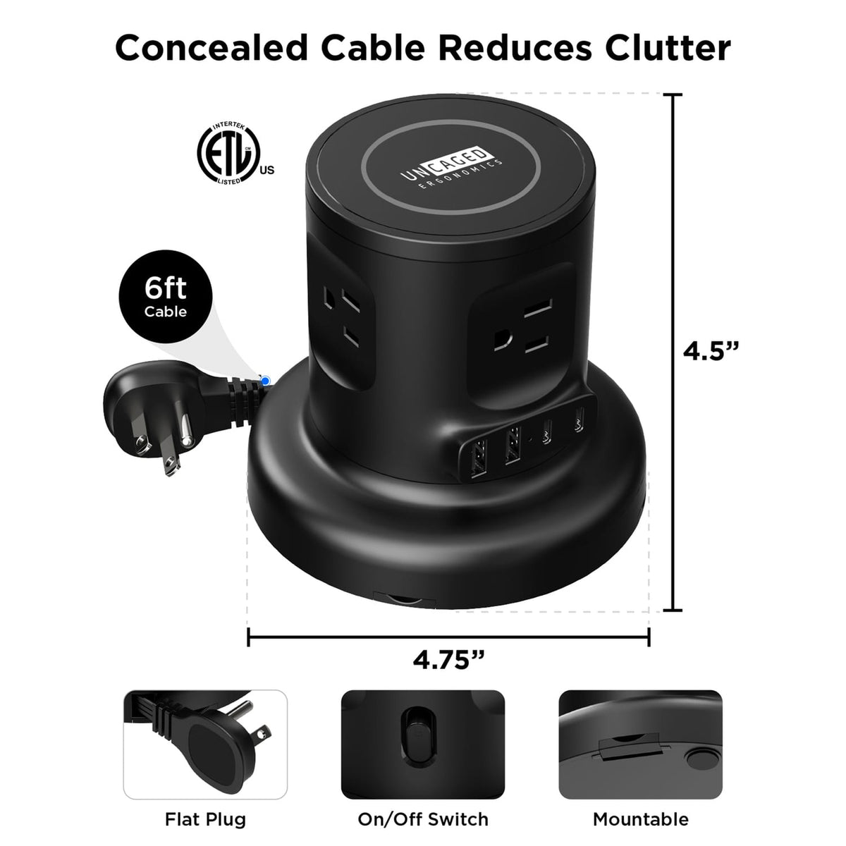 Uncaged Ergonomics 4-AC Outlet, 4-USB Port, Wireless Charging Pad Charger Cube Power Strip with Auto-Retracting 6-Ft. Cord, Black