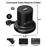 Uncaged Ergonomics 4-AC Outlet, 4-USB Port, Wireless Charging Pad Charger Cube Power Strip with Auto-Retracting 6-Ft. Cord, Black