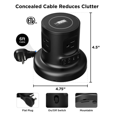Uncaged Ergonomics 4-AC Outlet, 4-USB Port, Wireless Charging Pad Charger Cube Power Strip with Auto-Retracting 6-Ft. Cord, Black