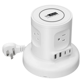 Uncaged Ergonomics 4-AC Outlet, 4-USB Port, Wireless Charging Pad Charger Cube Power Strip with Auto-Retracting 6-Ft. Cord, White