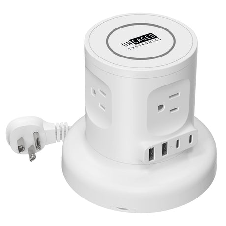Uncaged Ergonomics 4-AC Outlet, 4-USB Port, Wireless Charging Pad Charger Cube Power Strip with Auto-Retracting 6-Ft. Cord, White