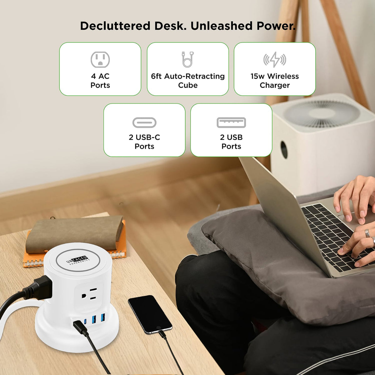 Uncaged Ergonomics 4-AC Outlet, 4-USB Port, Wireless Charging Pad Charger Cube Power Strip with Auto-Retracting 6-Ft. Cord, White