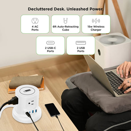 Uncaged Ergonomics 4-AC Outlet, 4-USB Port, Wireless Charging Pad Charger Cube Power Strip with Auto-Retracting 6-Ft. Cord, White