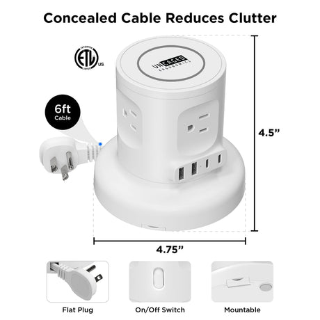 Uncaged Ergonomics 4-AC Outlet, 4-USB Port, Wireless Charging Pad Charger Cube Power Strip with Auto-Retracting 6-Ft. Cord, White