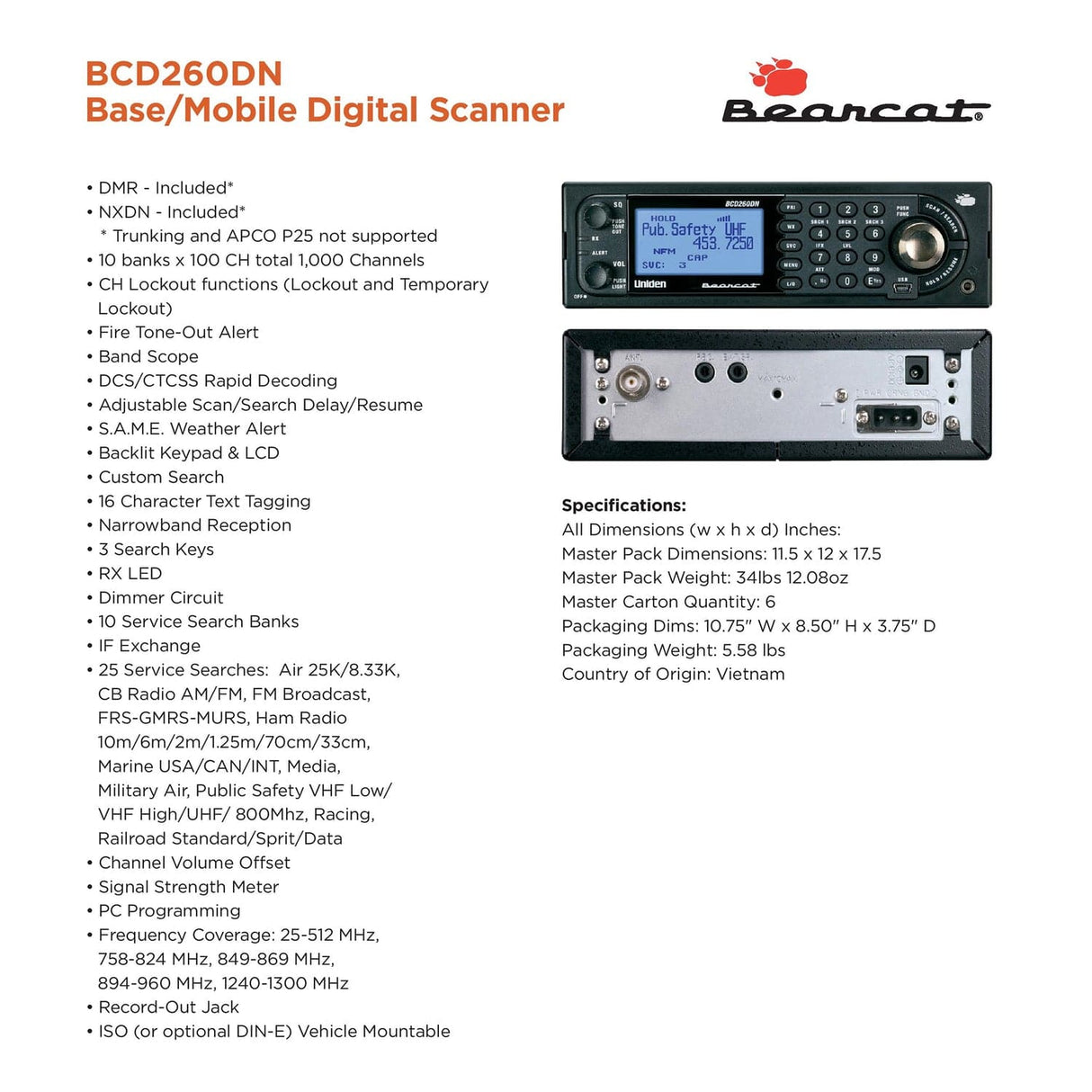 Uniden Bearcat Base/Mobile Digital Scanner, BCD260DN