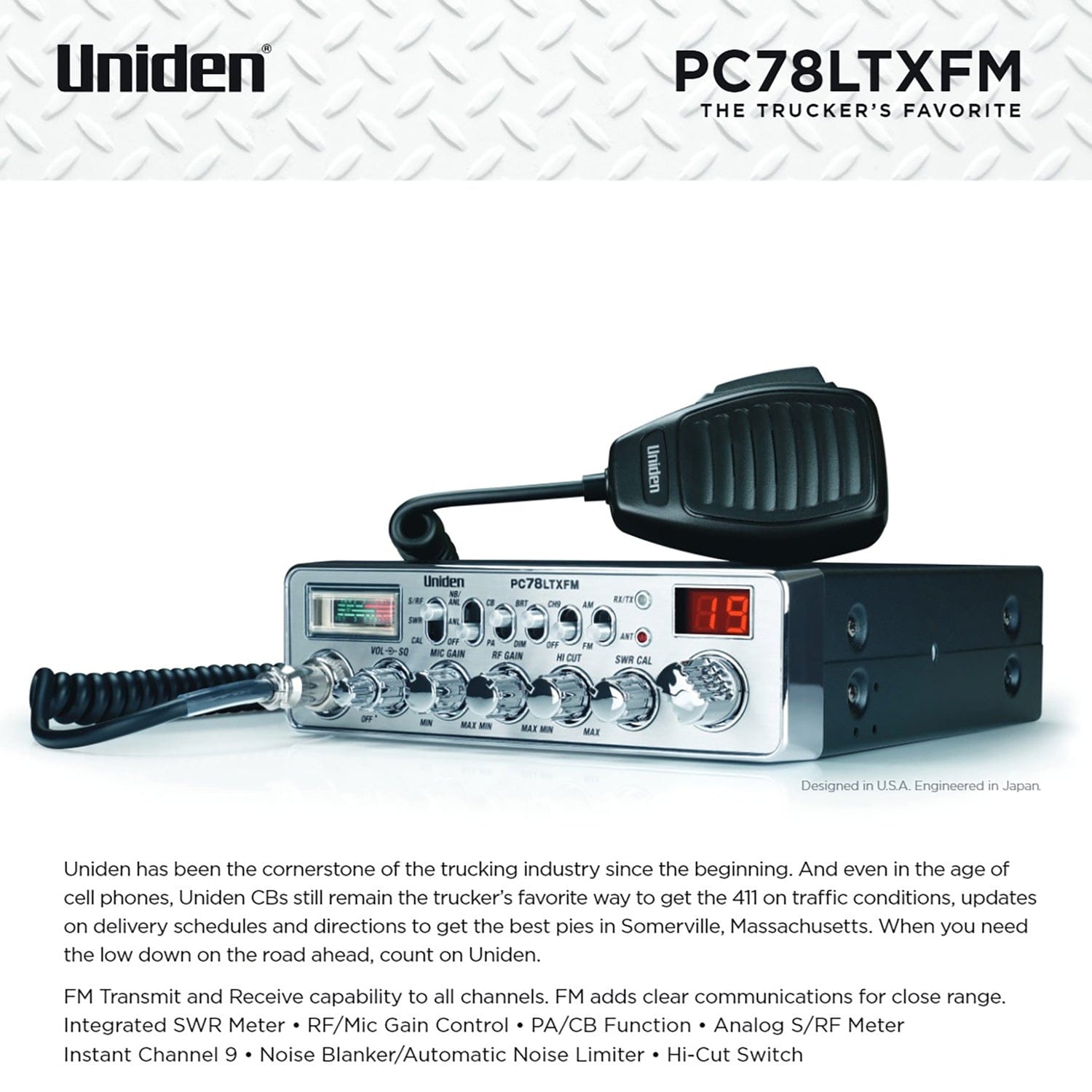 Uniden 40-Channel CB Radio, AM/FM Transmit and Receive with Integrated SWR Antenna, PC78LTXFM