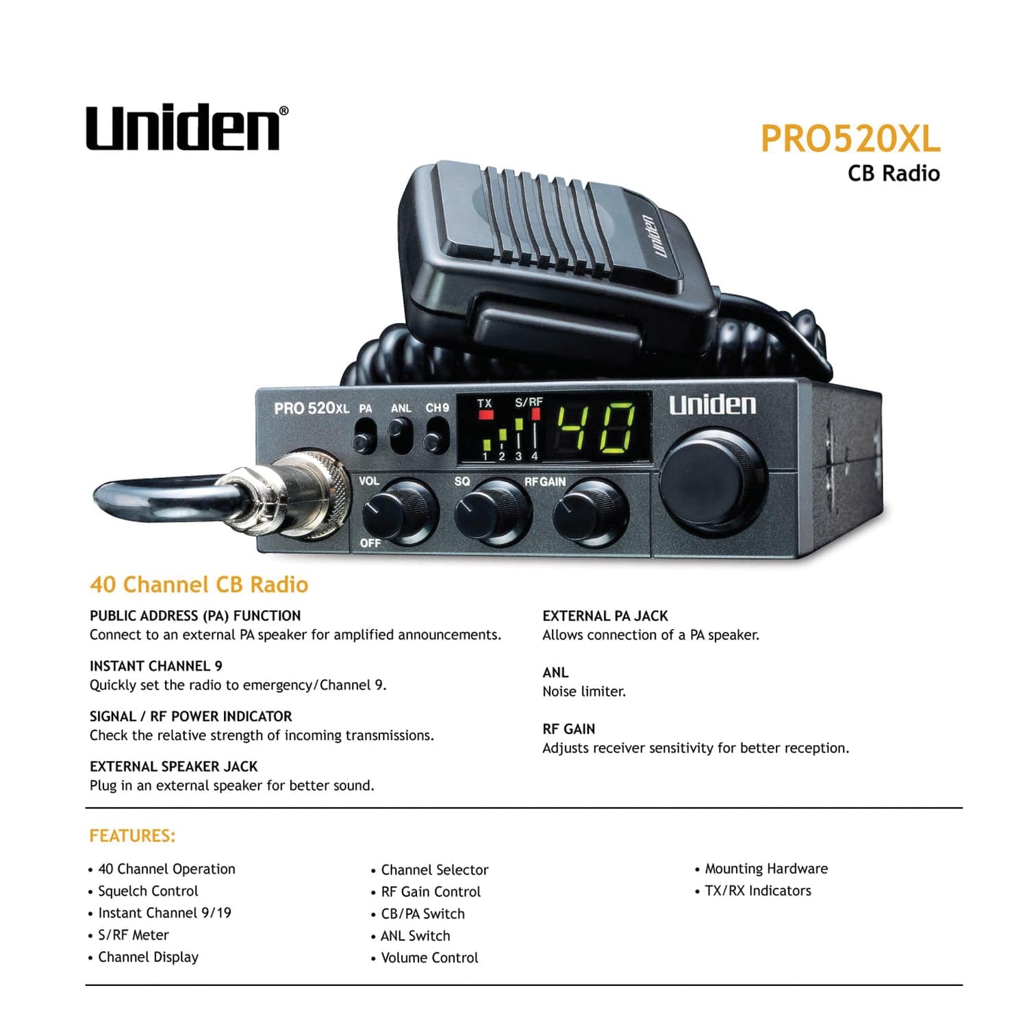 Uniden Professional Series 40-Channel Compact CB Radio, PRO520XL