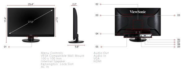 ViewSonic VA2746MH-LED-D 27" Full HD 1080p LED Monitor - Certified Refurbished