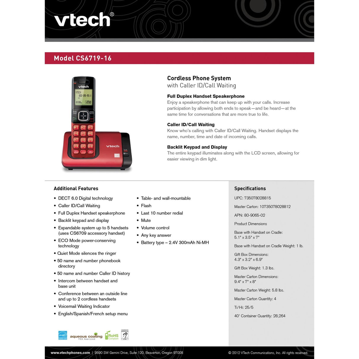 VTech 1-Handset DECT 6.0 Expandable Cordless Phone System for Landline, Caller ID/Call Waiting and Backlit Keypad/Display, CS6719-16
