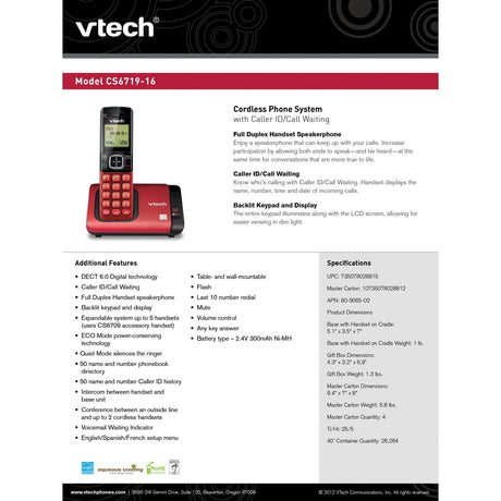 VTech 1-Handset DECT 6.0 Expandable Cordless Phone System for Landline, Caller ID/Call Waiting and Backlit Keypad/Display, CS6719-16