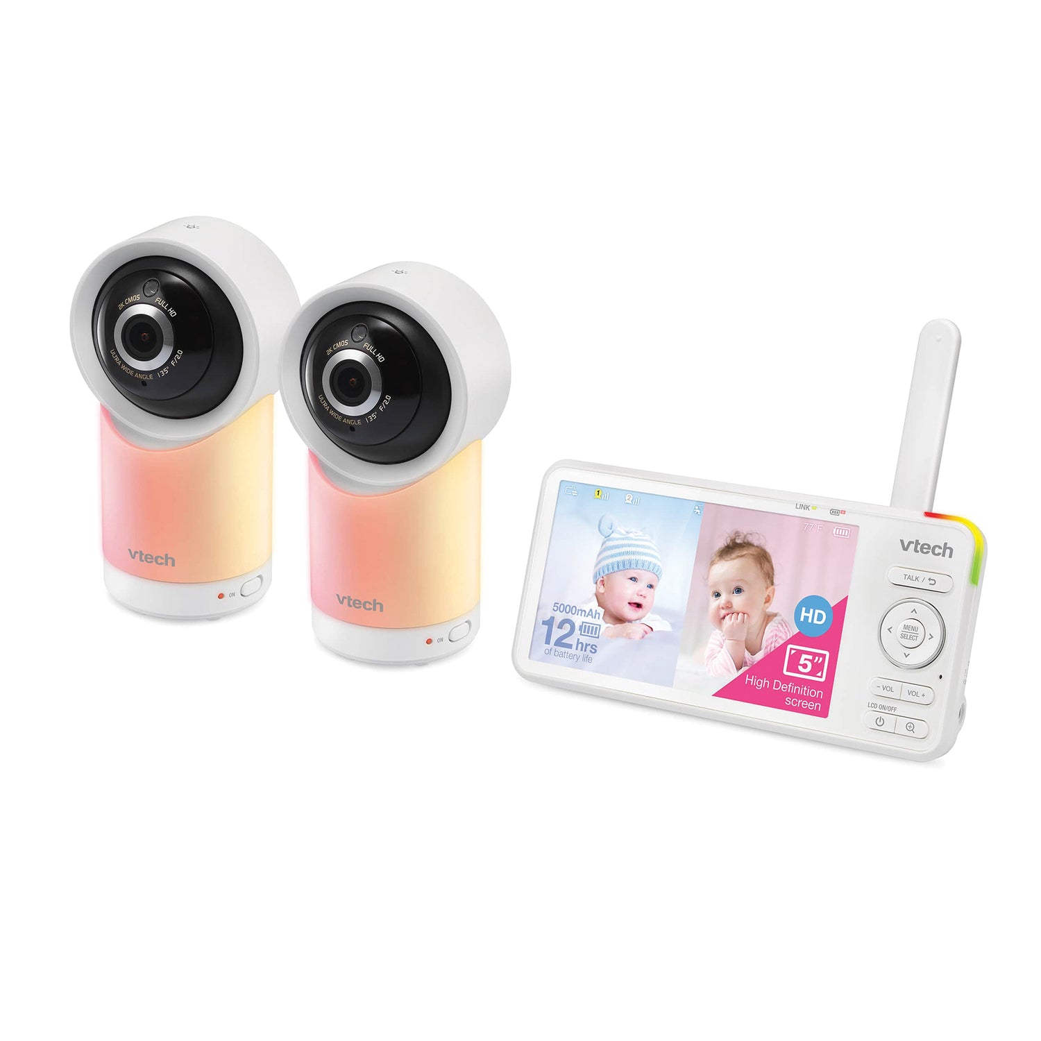 VTech RM57662HD Smart Wi-Fi 1080p 2-Camera 360°-Pan-and-Tilt Video Baby Monitor System with 5-In. Display, Night-Light, and Remote Access, White