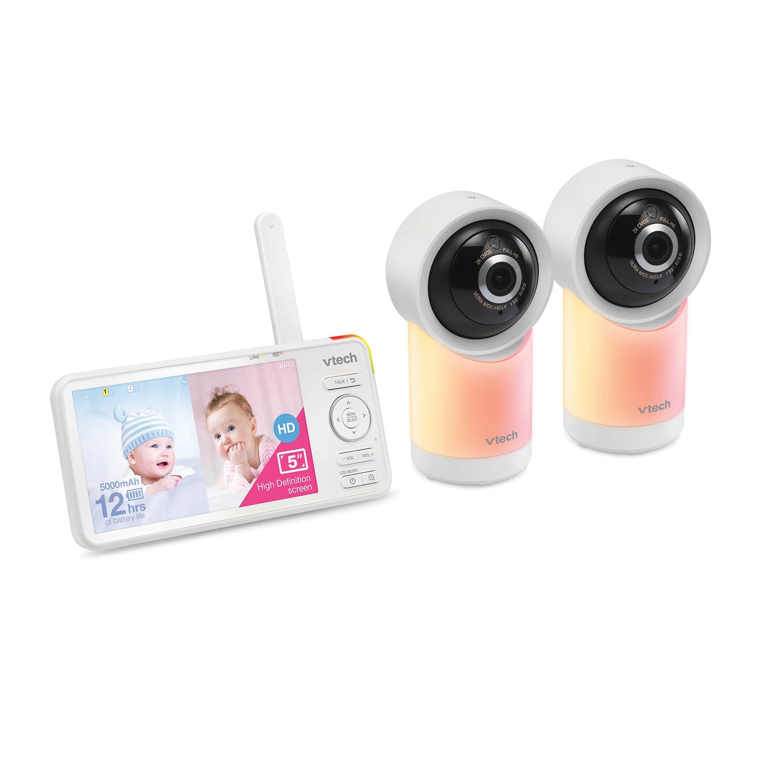 VTech RM57662HD Smart Wi-Fi 1080p 2-Camera 360°-Pan-and-Tilt Video Baby Monitor System with 5-In. Display, Night-Light, and Remote Access, White