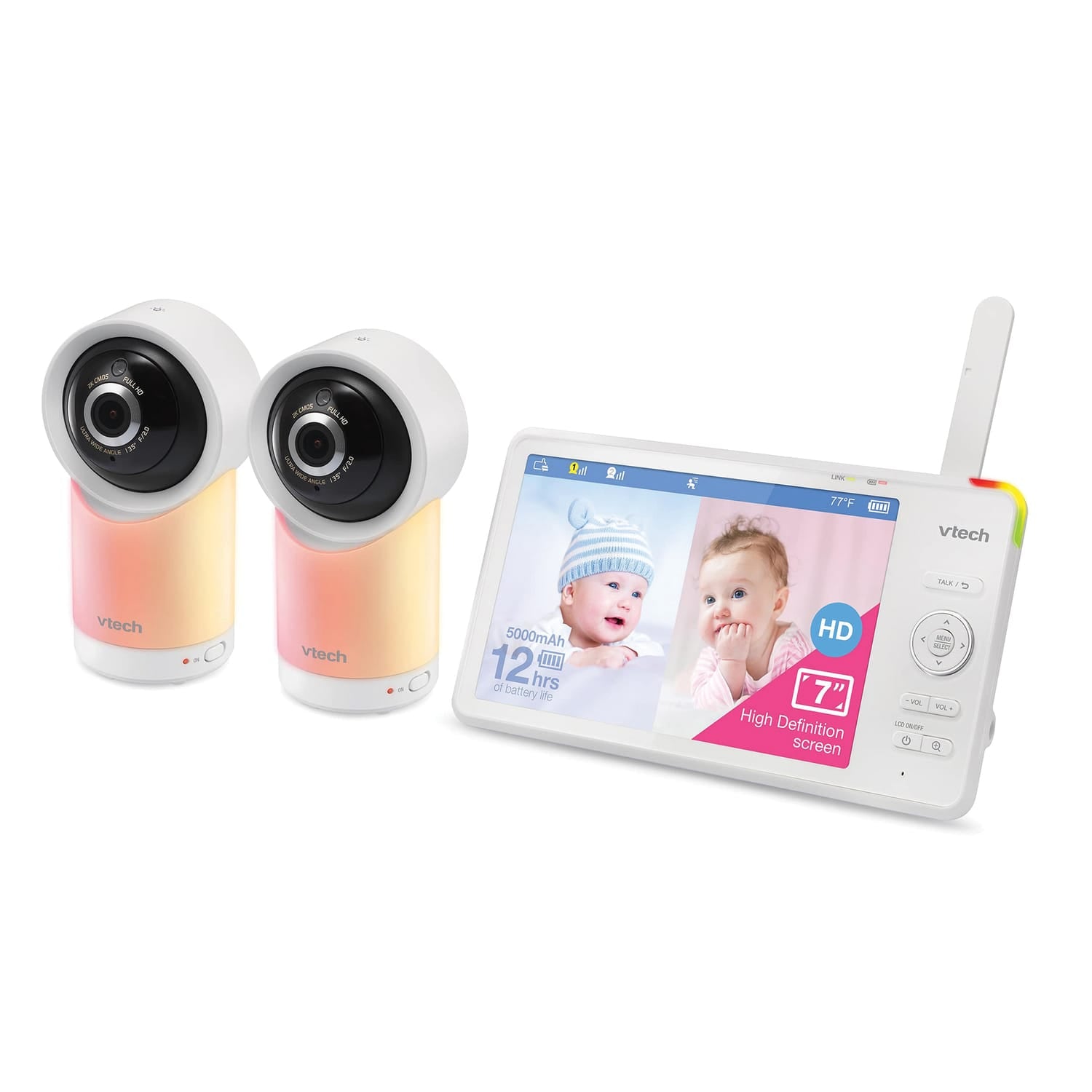 VTech RM77662HD Smart Wi-Fi 1080p 2-Camera 360°-Pan-and-Tilt Video Baby Monitor System with 7-In. Display, Night-Light, and Remote Access, White