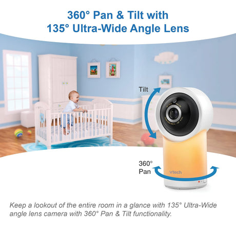 VTech RM77662HD Smart Wi-Fi 1080p 2-Camera 360°-Pan-and-Tilt Video Baby Monitor System with 7-In. Display, Night-Light, and Remote Access, White